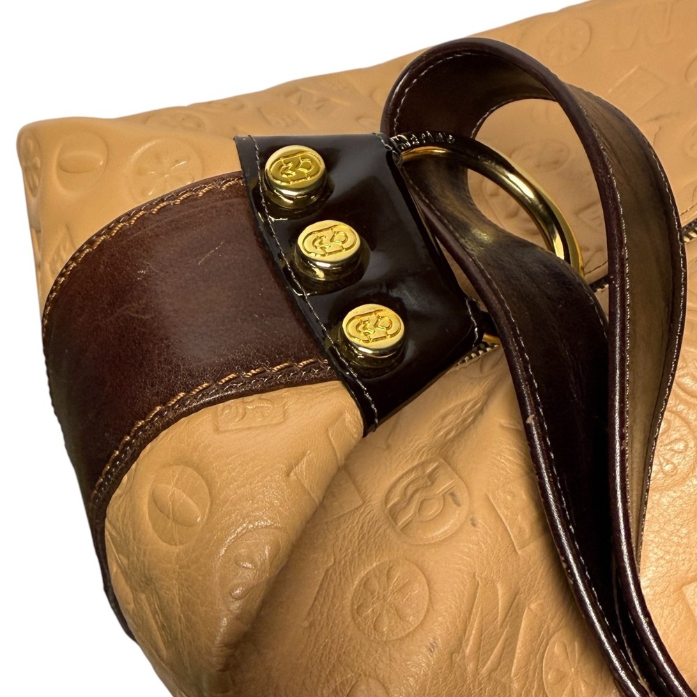 MARINO ORLANDI Vintage Italian Leather Bucket Bag Tan Embossed Monogram Y2K - Picture 9 of 16